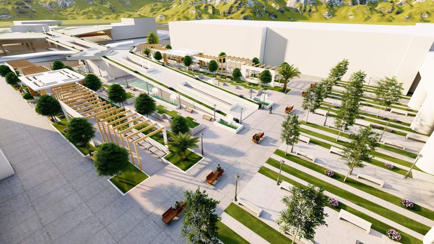 The terraced gardens with their fountains, pergolas and pavilions beside the spine