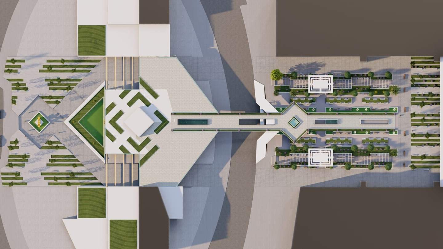 Site plan: the spine linking the two plazas, with the symmetric gardens on either side