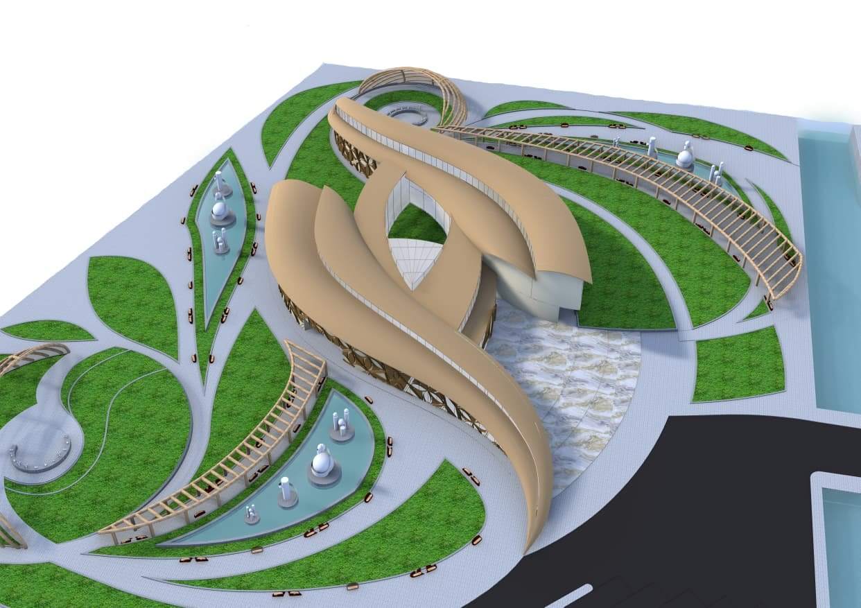 The building and its landscape from above: curved roof bands, leaf-shaped lawns, pools and pergolas