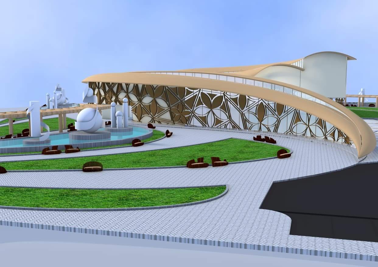 The patterned façade screen beneath the sweeping roof band, with the sculpture pools in front