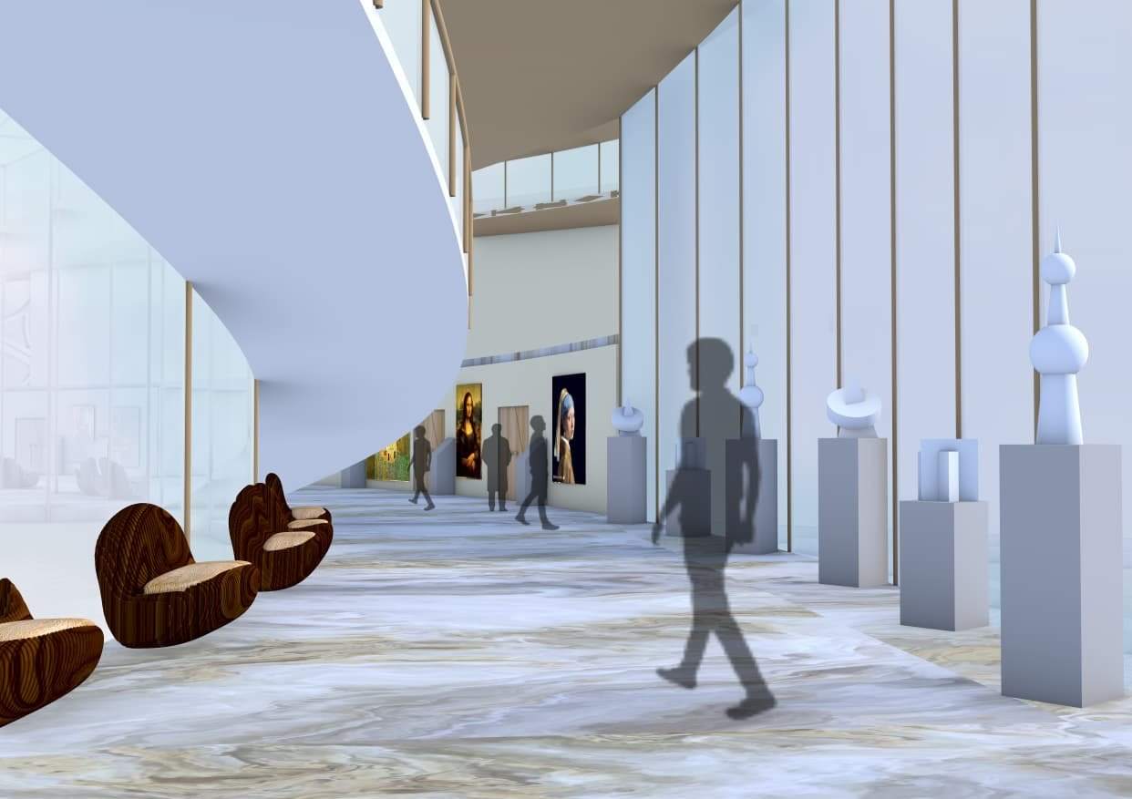 The foyer, with sculptures and timber seating