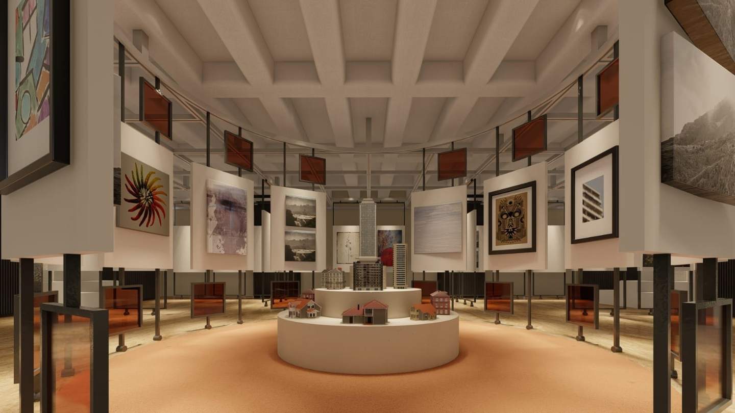 Exhibition hall with a ring of panels around a central model display
