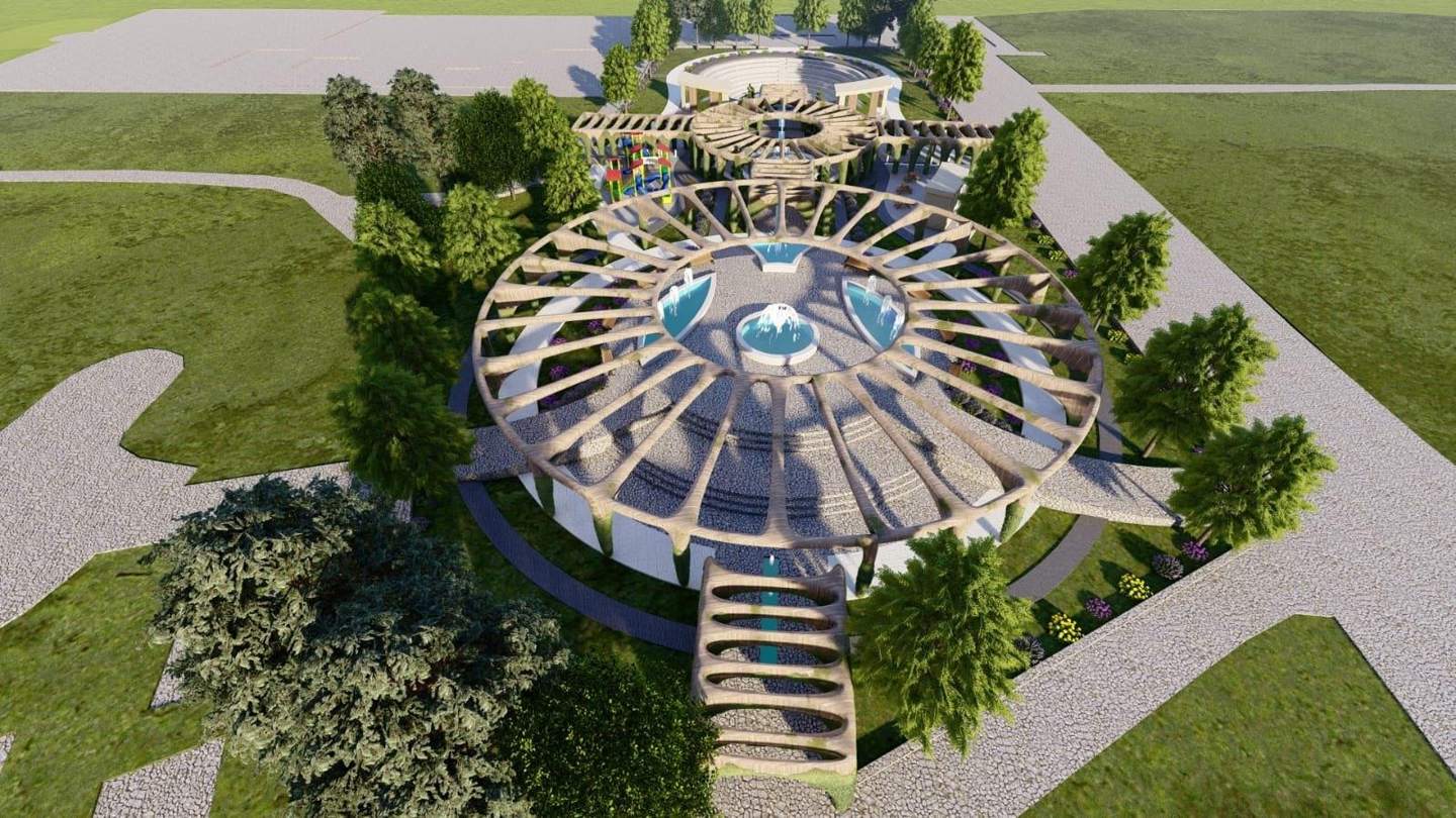 The water garden under its radial pergola, with the walk leading north
