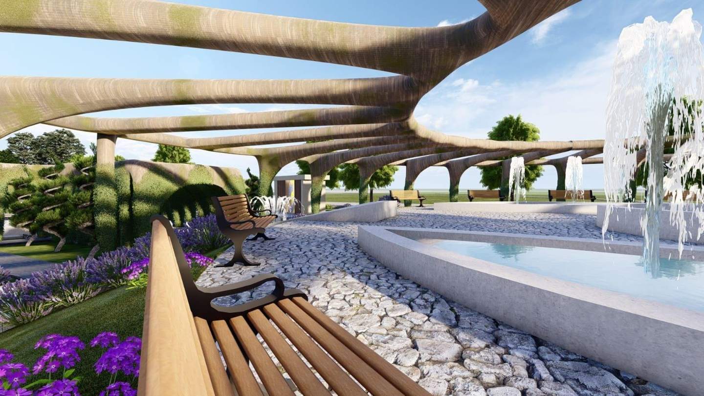 A bench by the pools, under the branching ribs