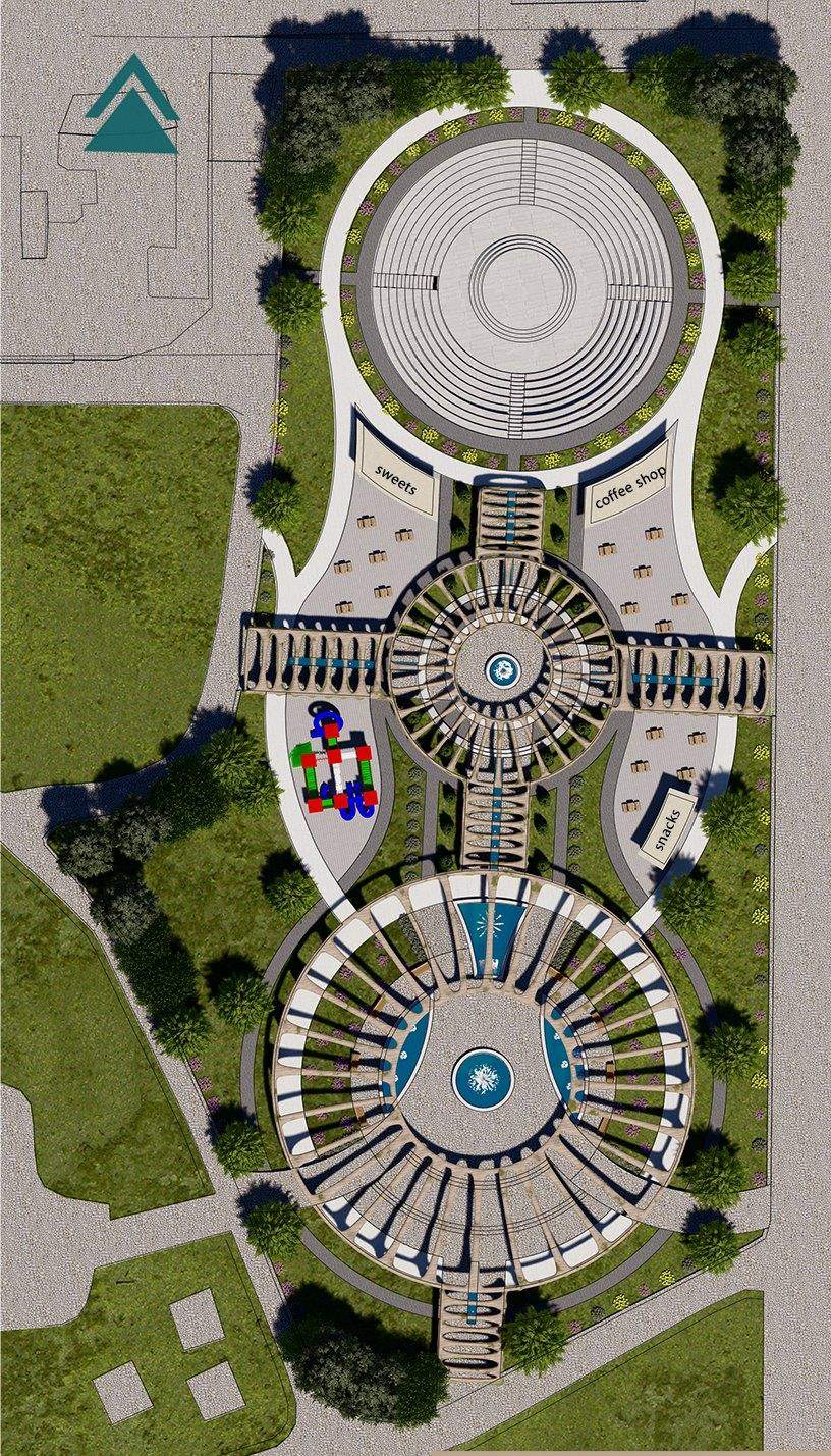 Plan with the covering: the pergolas over the plaza, the walks and the water garden