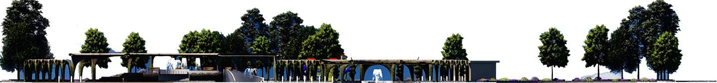 Long section: the arcades, the plaza and the sunken amphitheatre
