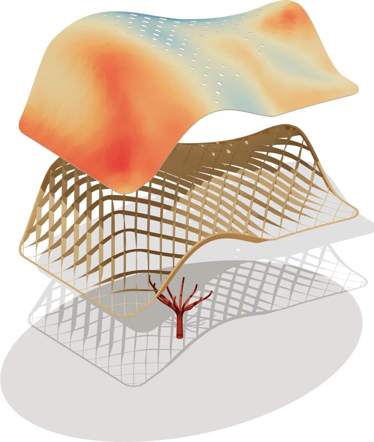 Four layers, one logic: skin, ribs, tree column, plaza