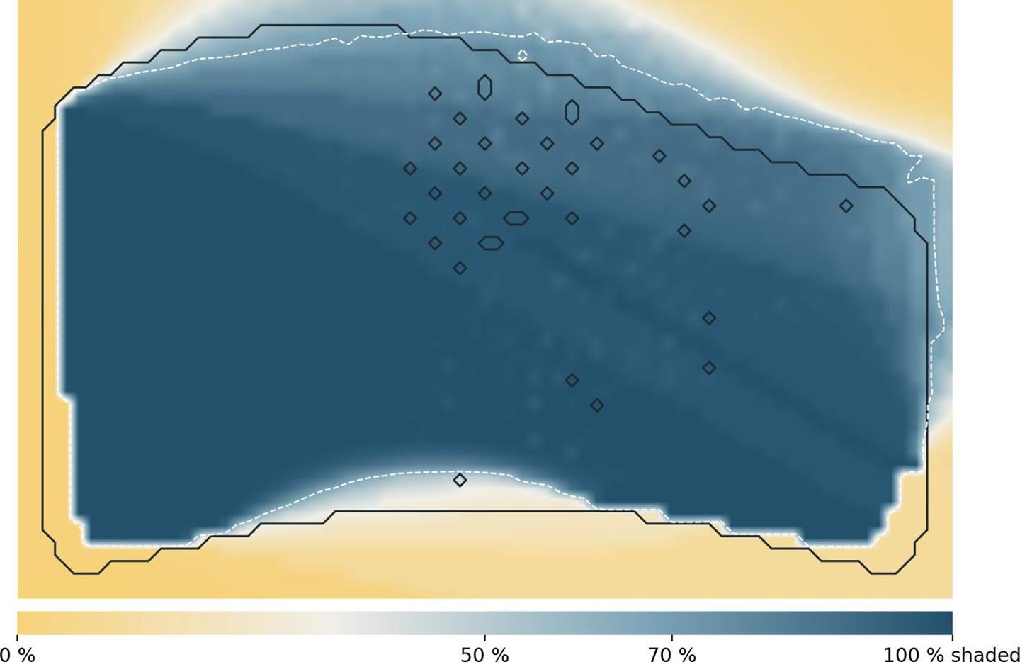 Ground shade under the canopy, ray-traced for every design hour; dashed line = 70% shade