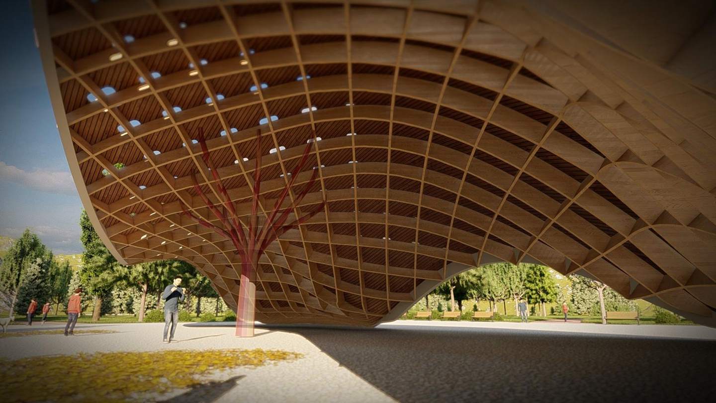 Under the canopy: the coffered ceiling and the light spots