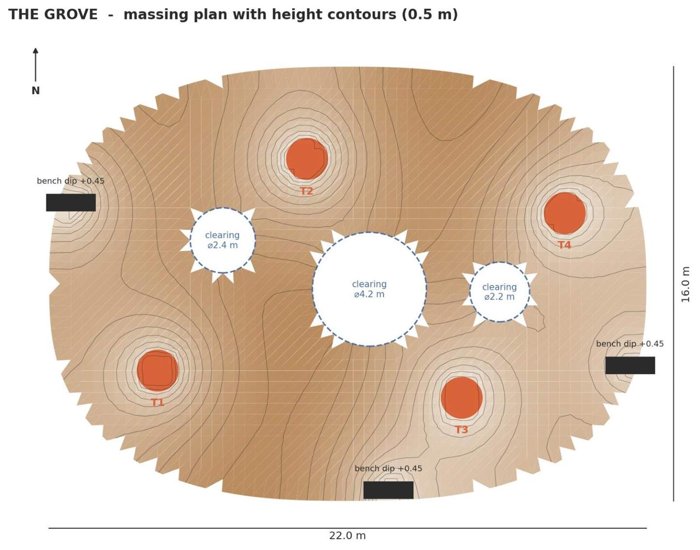 Massing plan: trunks, clearings and bench anchors