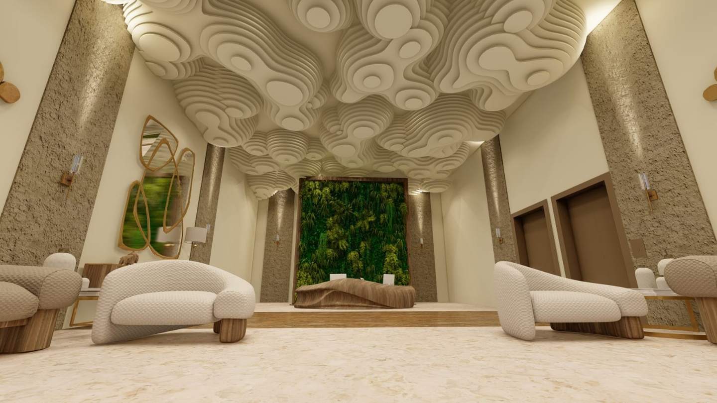 The cloud ceiling seen from the lounge, with the green wall at the end of the axis