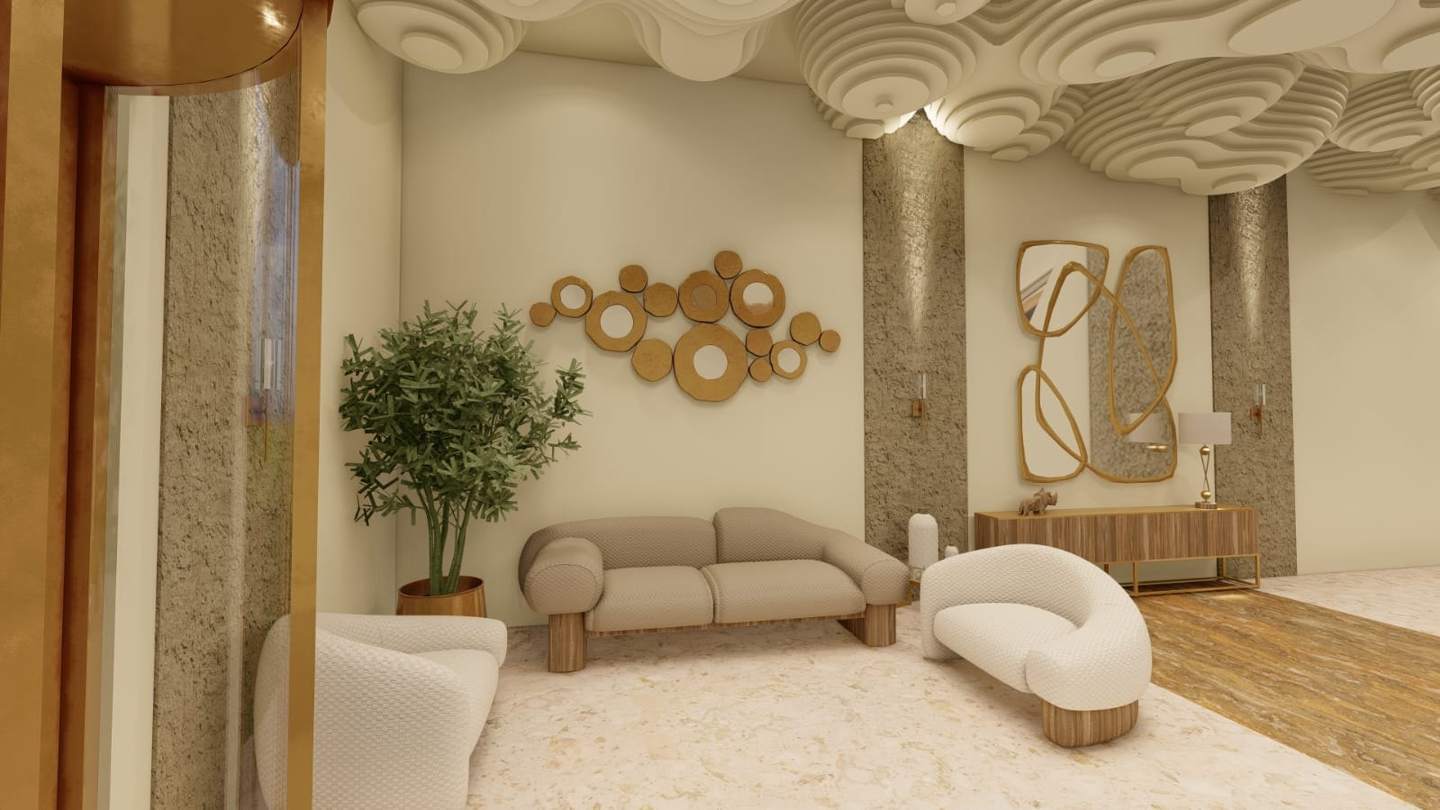 The lounge by the entrance, with the gold mirror and console