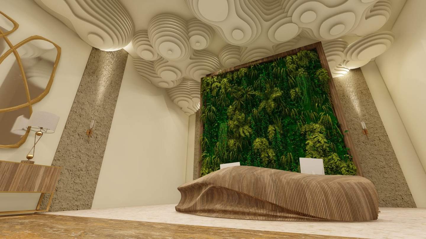 The parametric timber reception desk and the green wall