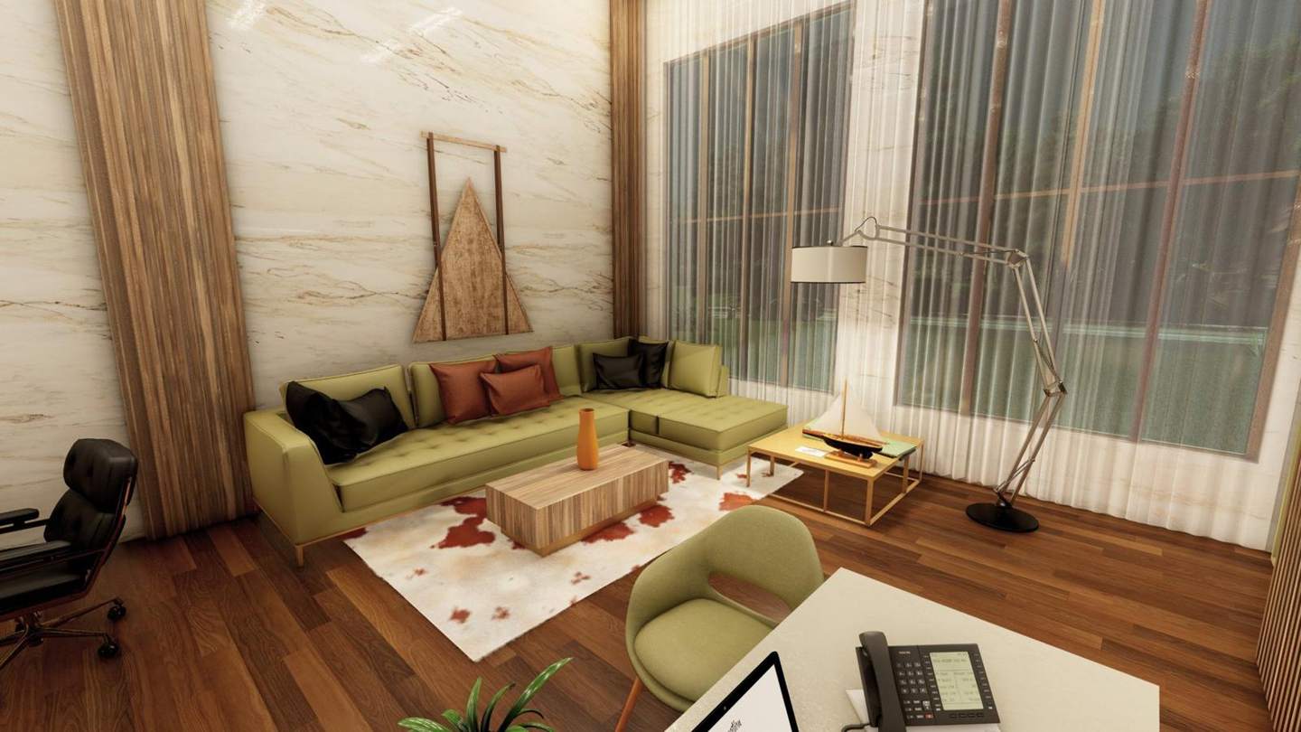 The lounge corner: sofa, marble wall and filtered daylight