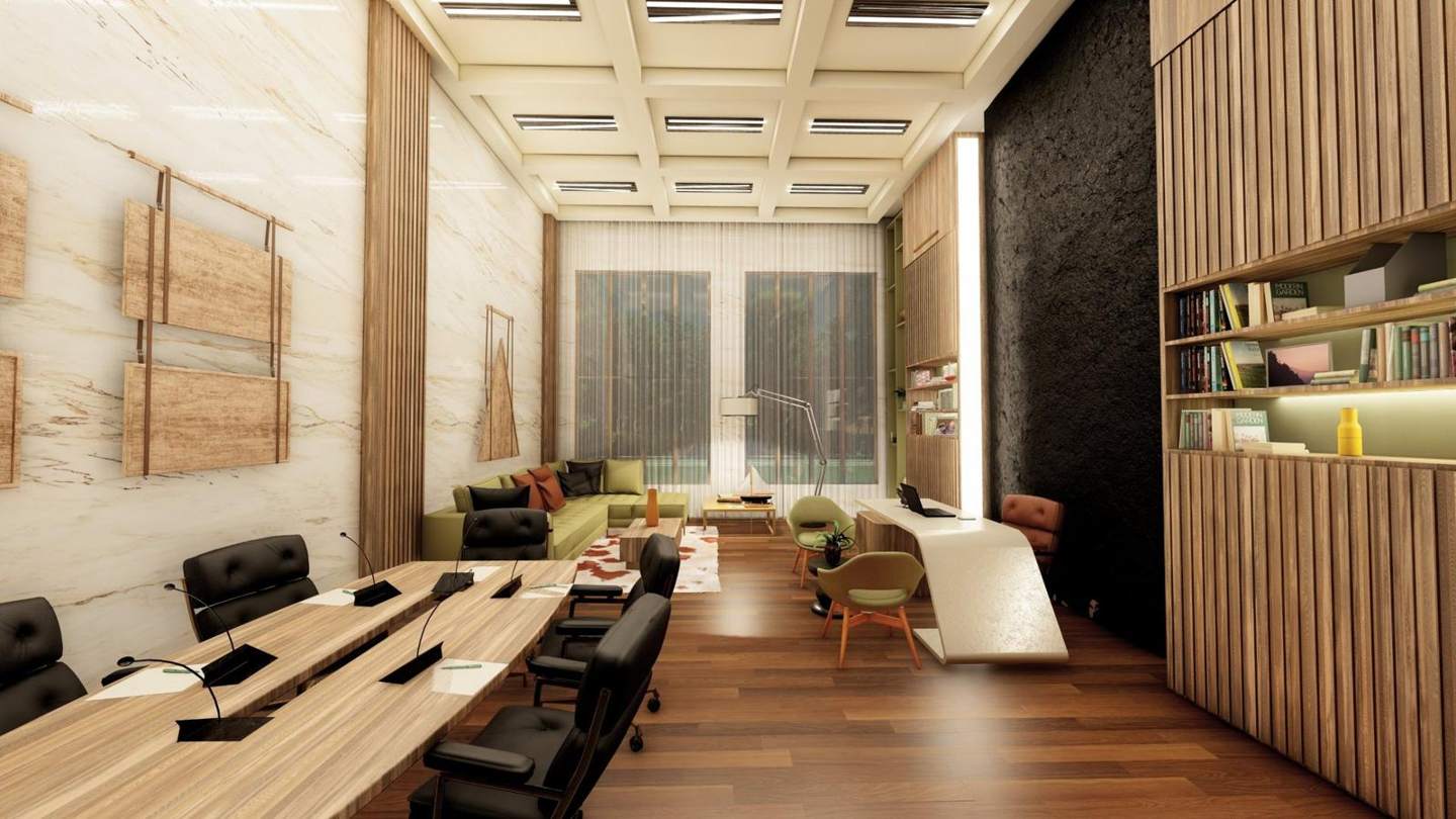 Executive office: meeting table, lounge and desk in one tall room