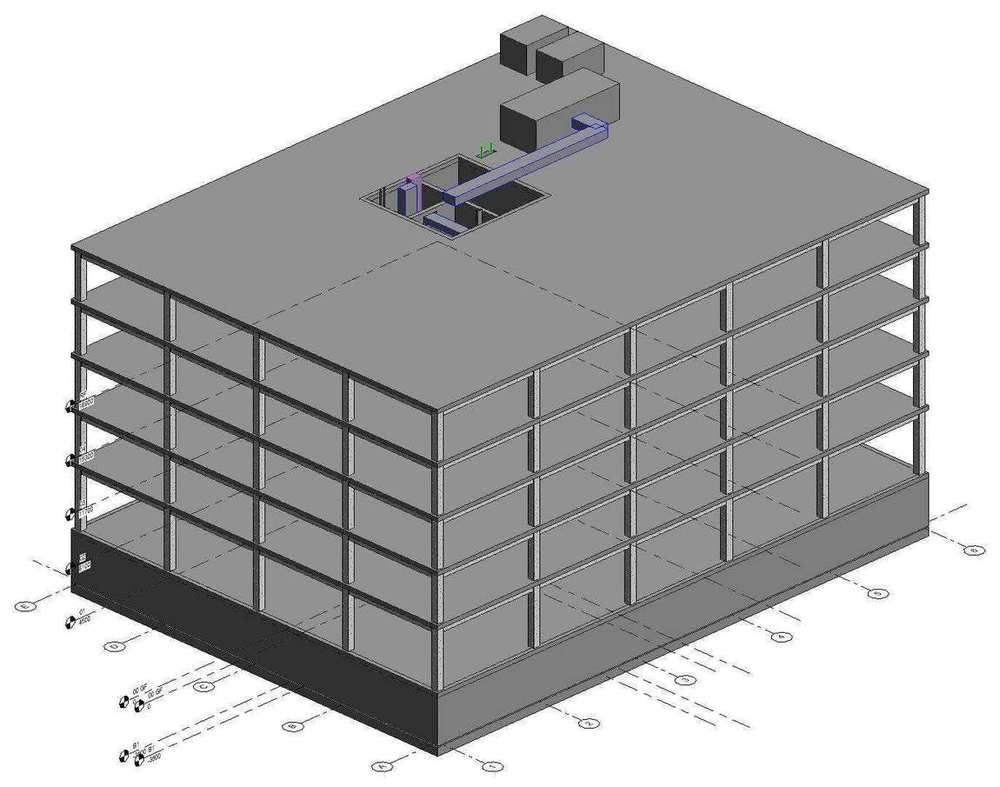 Federated BIM model of the Váci Corner building with services on the roof