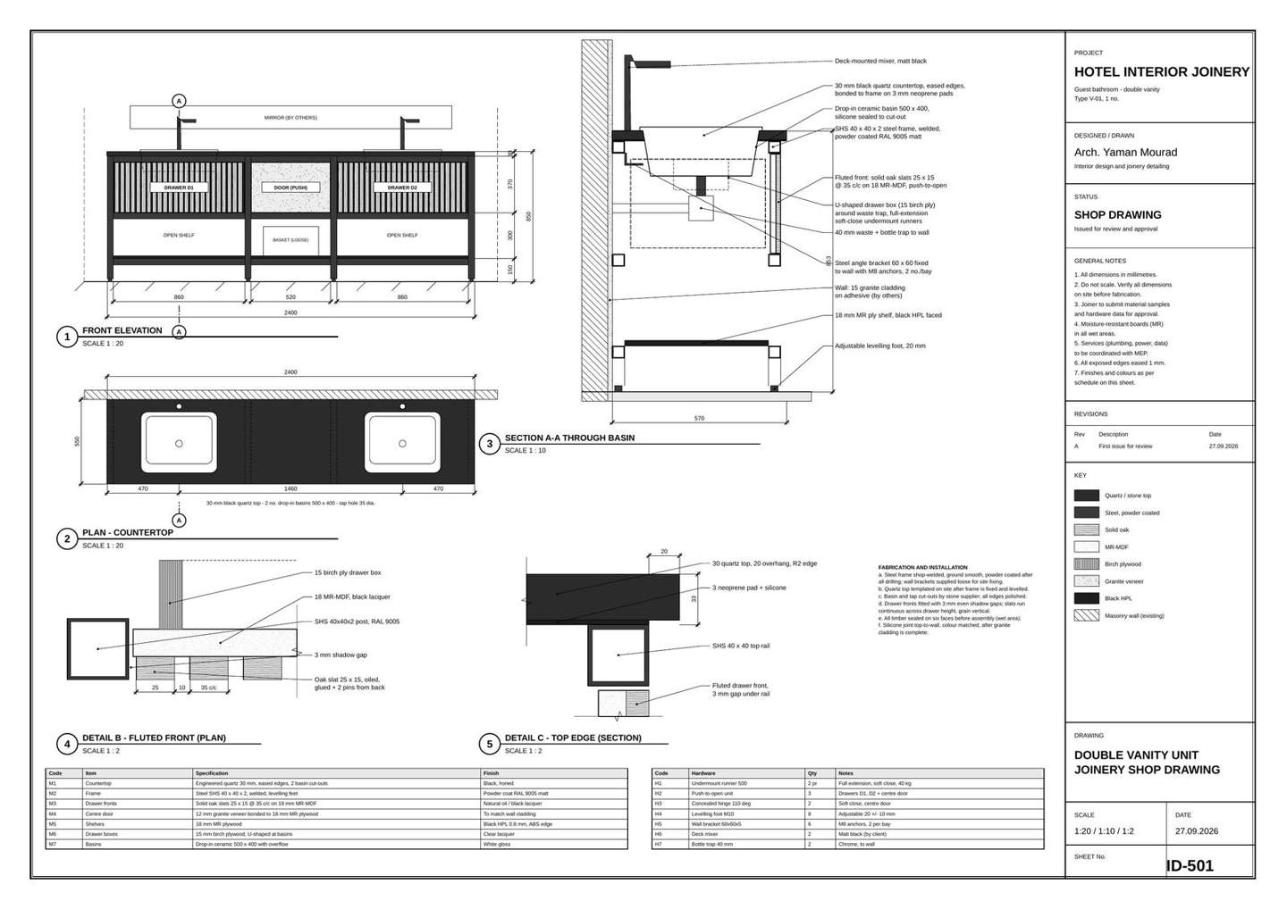 Joinery shop drawing of a double vanity unit