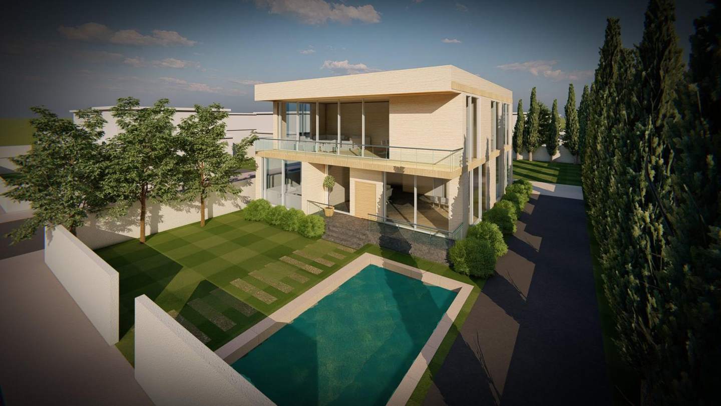 From above: the house, its garden and pool, and the boundary walls