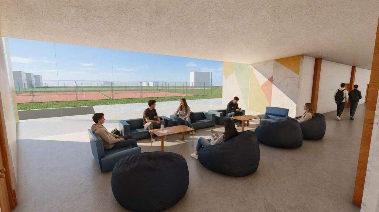 A lounge opening to the sports fields