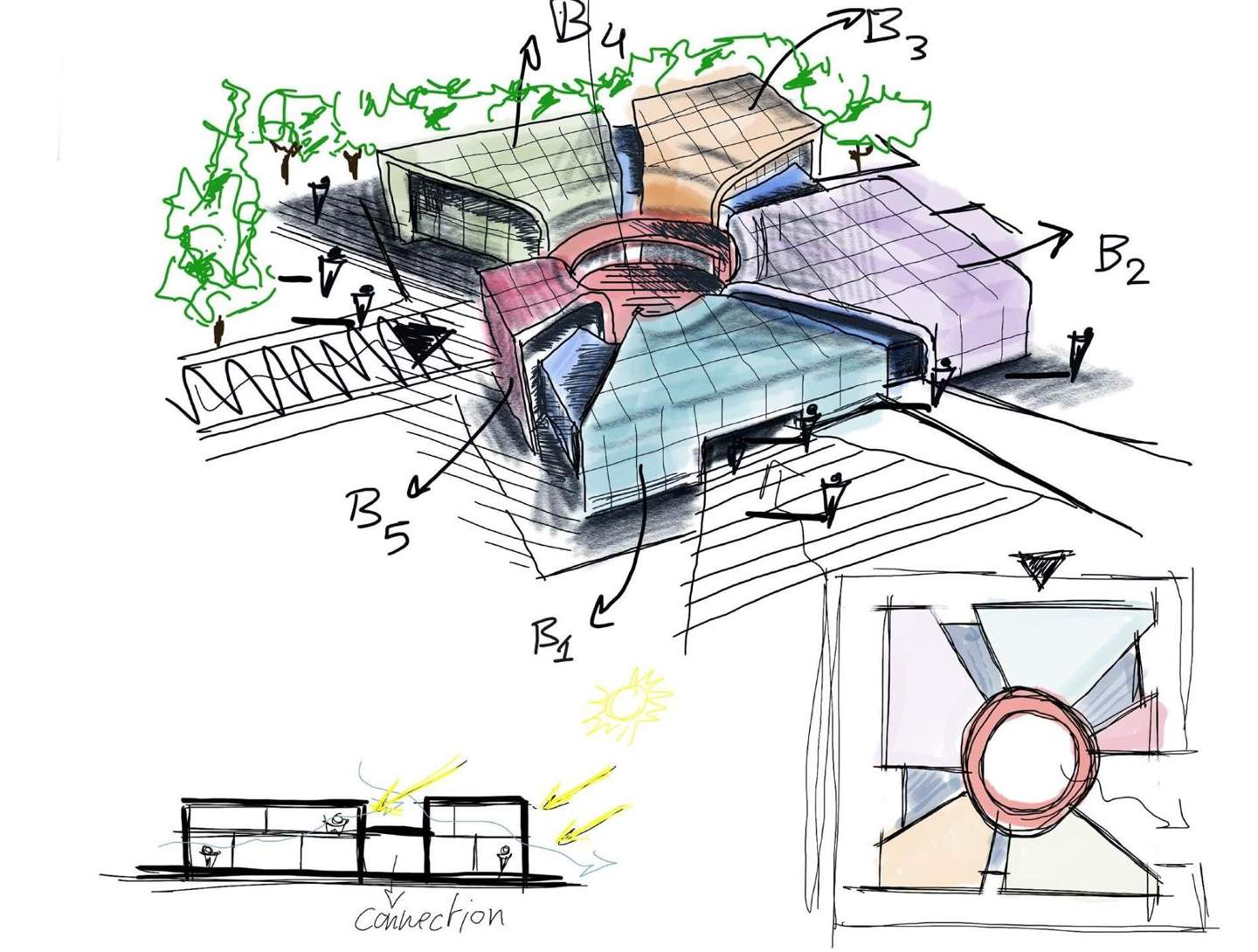 First sketch: the ring of rooms around the garden