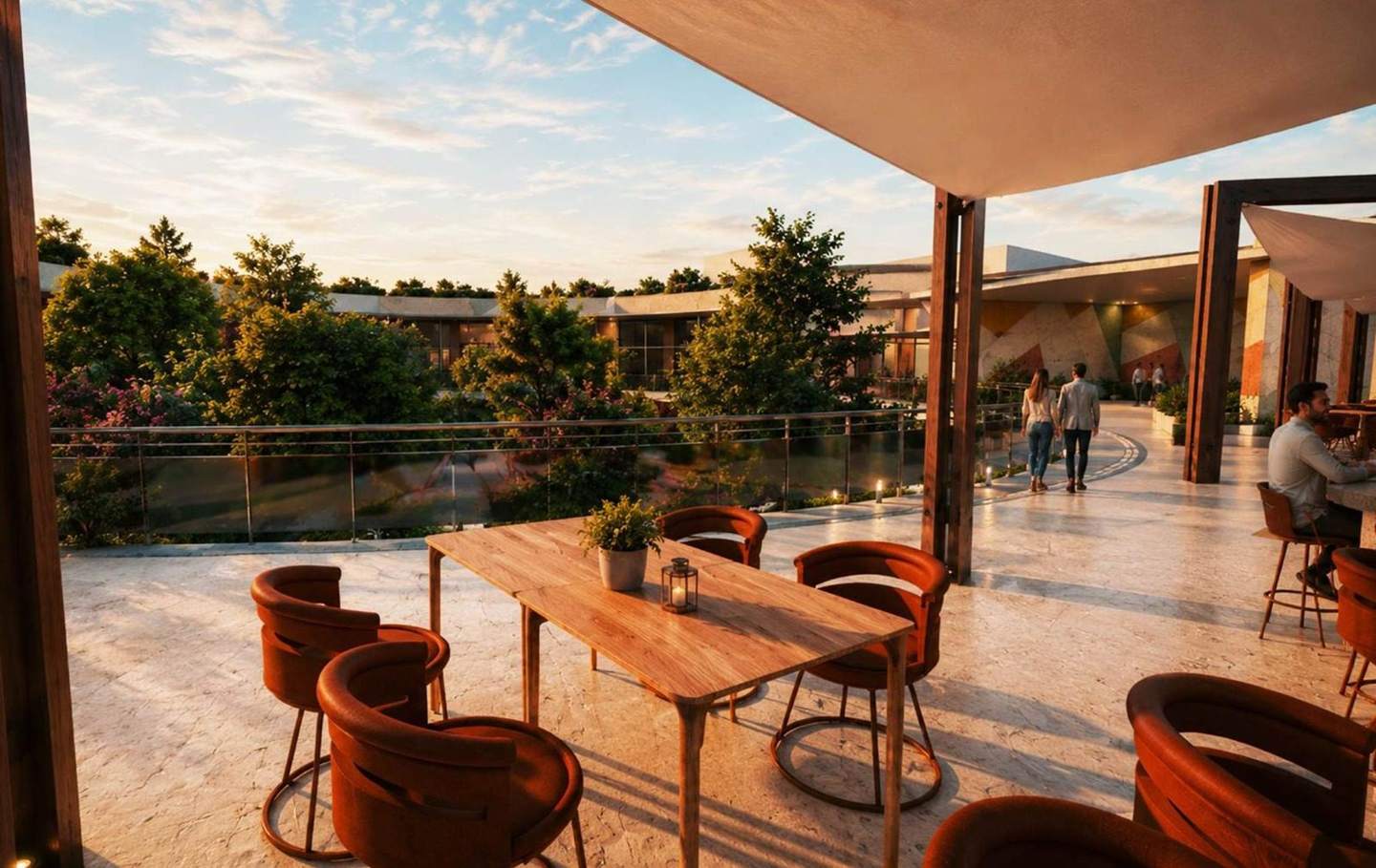 The roof terrace, looking over the garden and the ring